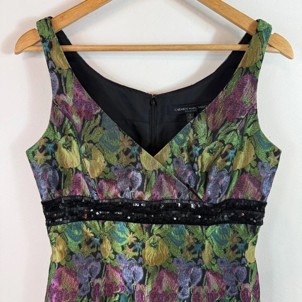 Carmen Marc‎ Valvo Floral Brocade Cocktail Dress Sleeveless Sheath Sequin Glam 8
